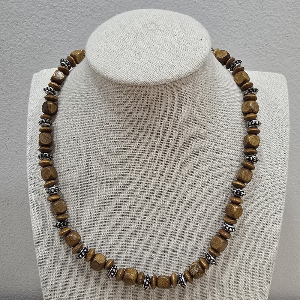 Festival Wooden Geometric Bead 17" Stretch Necklace Boho 70's /Vintage Vibe